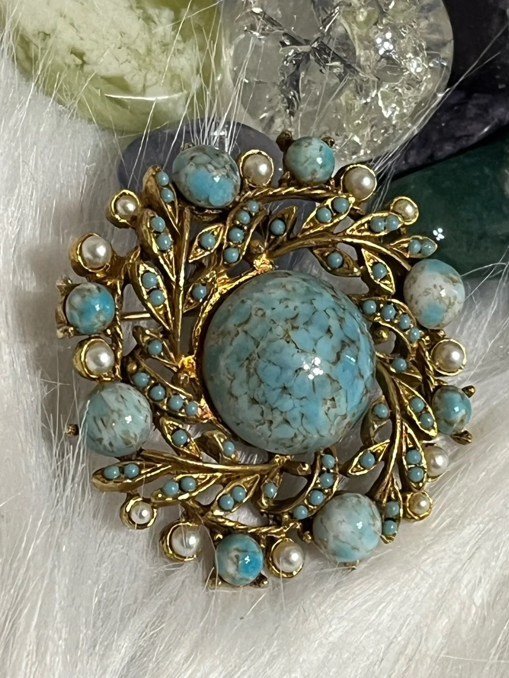 Vintage Turquoise Pearl Brooch